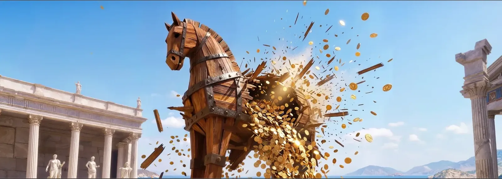 Wooden horse bursting with gold coins — jackpot artwork at Betmica